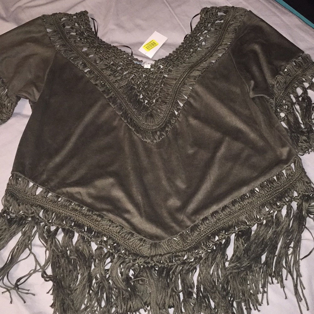 Olive fringe blouse.